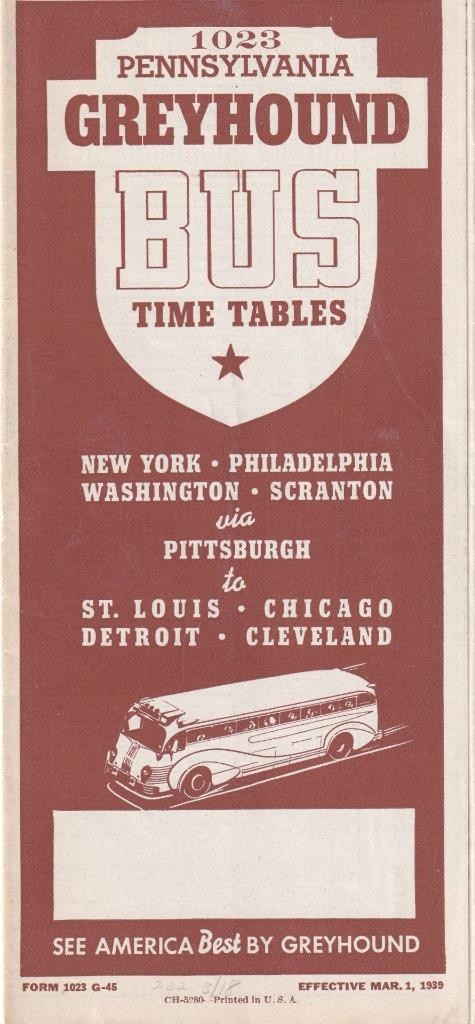 1939 Greyhound Bus Lines – Pennsylvania time tables