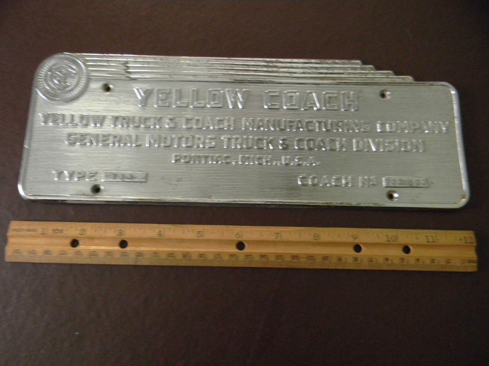 Yellow Coach 733 metal Manufacturer’s Plate from 1930s