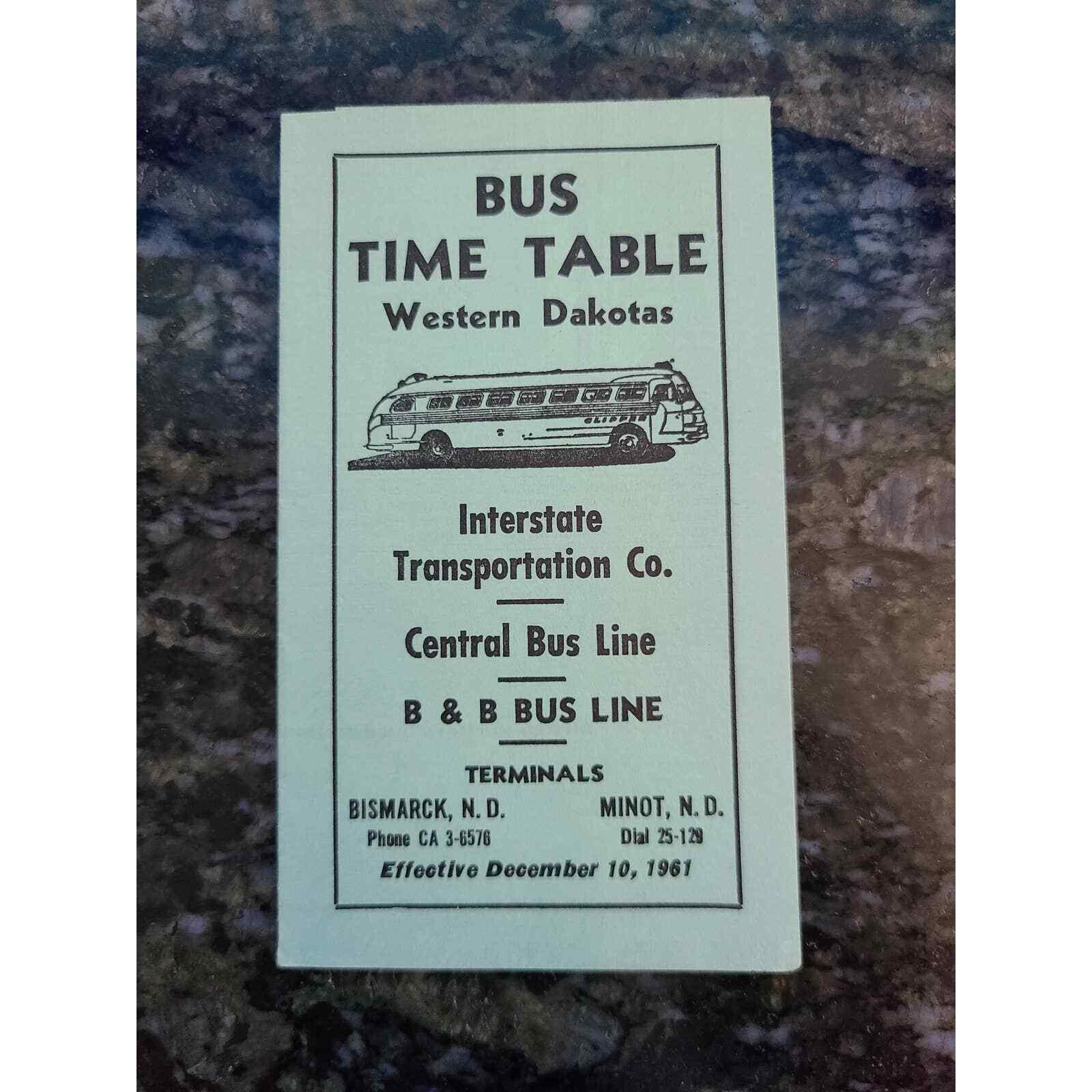 Interstate Transportation Co Bus Time Table for Western Dakotas 1961 (A0) (7C)