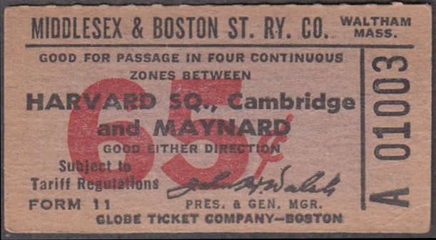 Middlesex & Boston St Ry bus tcket Harvard Sq-Maynard 65c Form 11 / Walsh