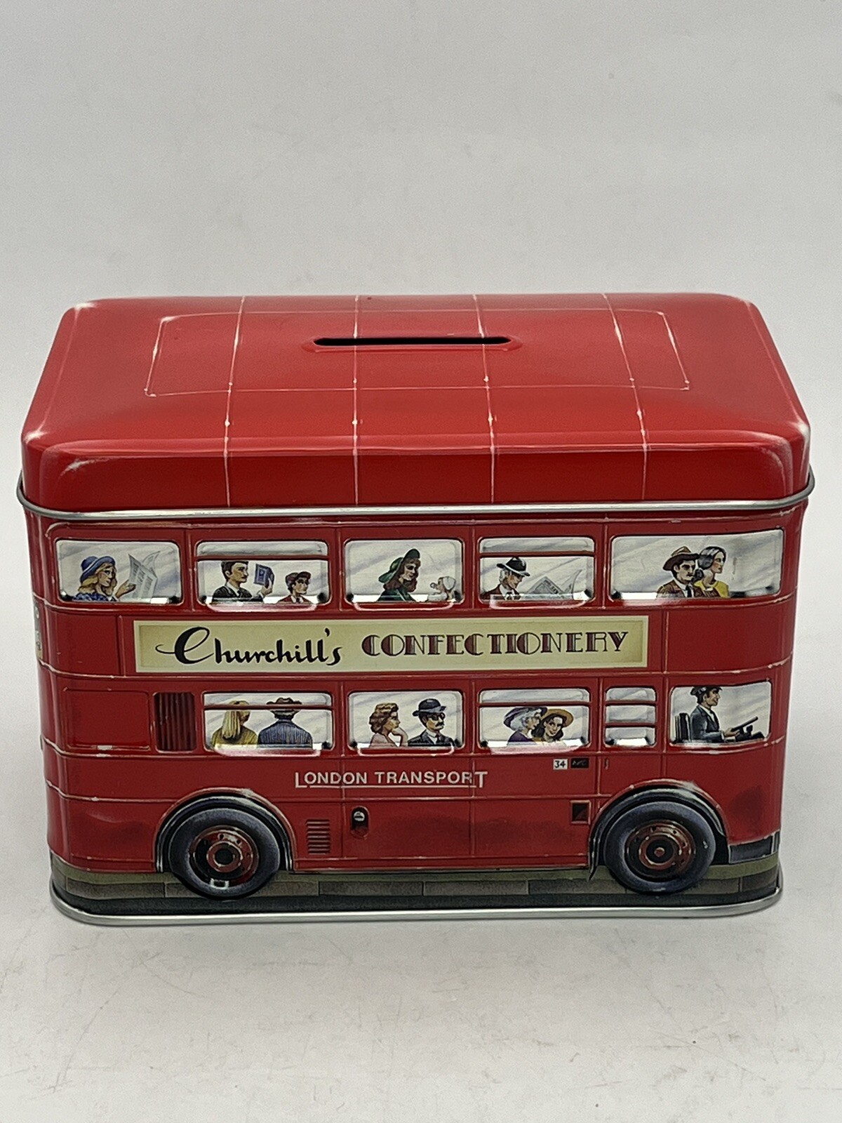 Churchill’s Confectionery London Transport Double Decker Red Bus Tin Coin Bank