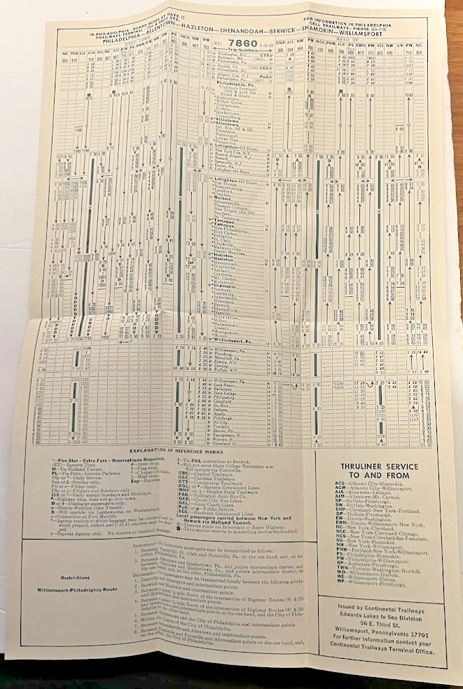 1969 CONTINENTAL TRAILSWAY BUS TIMETABLE PENNSYLVANIA