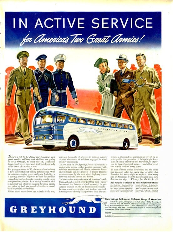 1942 Greyhound Bus PRINT AD US Army Navy Marine Uniforms Great Vintage decor