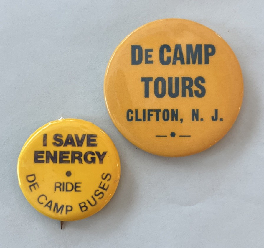 (2) Vintage New Jersey Commuter Bus DeCamp Tour Lines Pin Back Button Lot