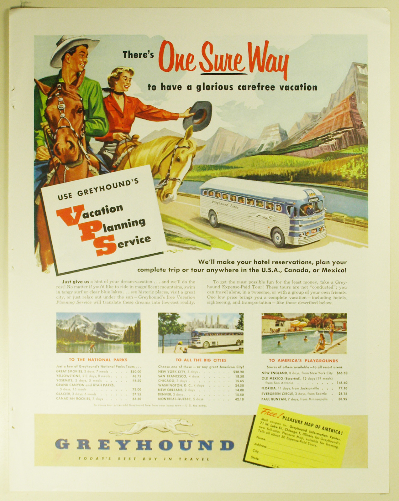 Vintage 1953 GREYHOUND BUS LINES Large Full Page Magazine Print Ad – COWBOY