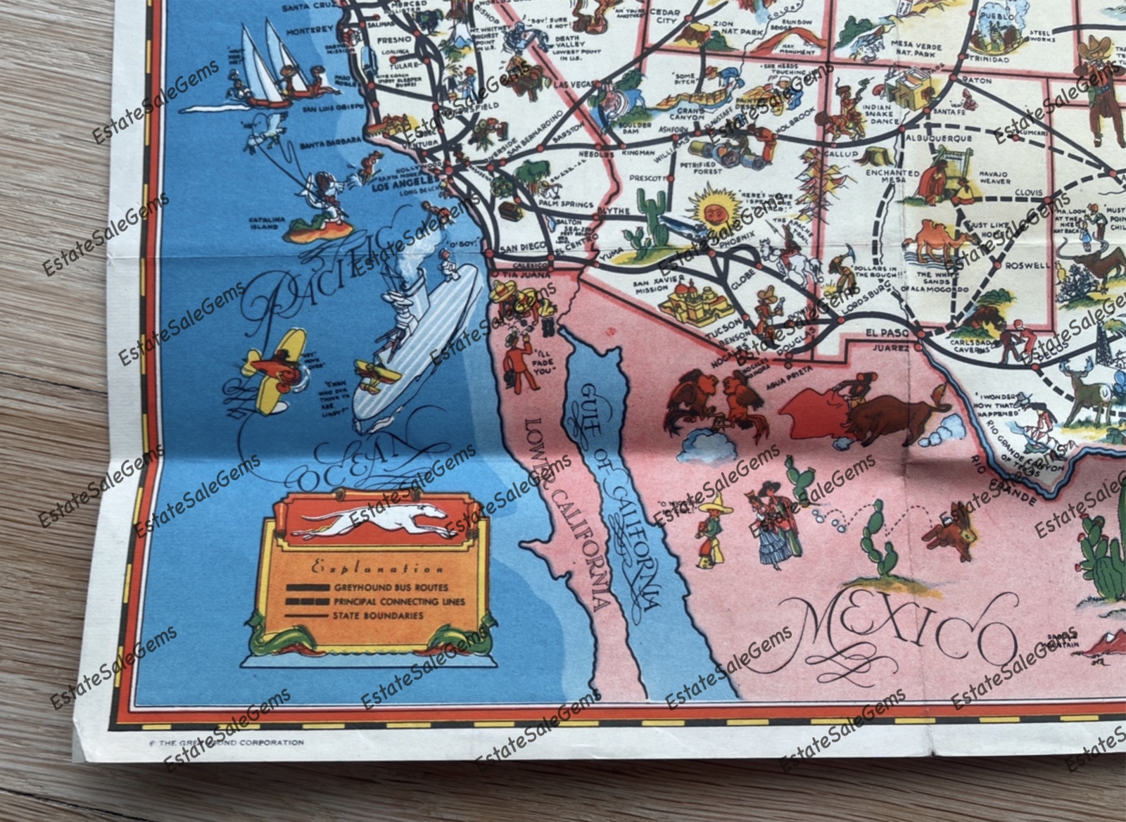 1930s Greyhound Bus Good Natured Map of the United States 19″x 12″