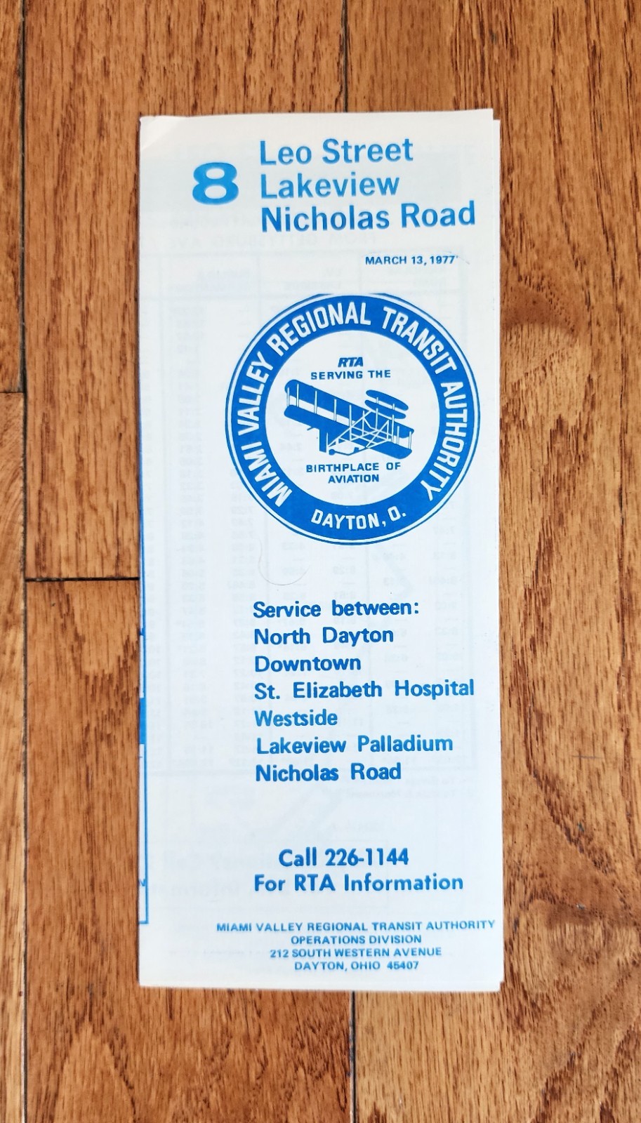 1977 RTA MIAMI VALLEY REGIONAL TRANSIT AUTHORITY BUS TIME TABLE 8 DAYTON OHIO