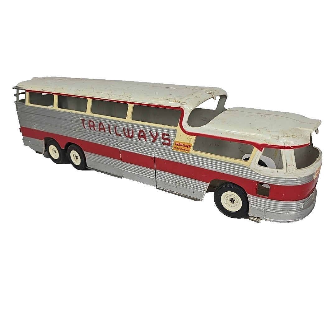 Vintage 1955 Trailways Friction Thruliner Bus Silver and Red 18″
