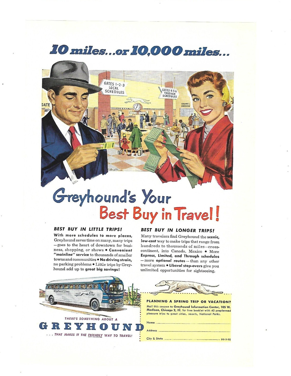 Vintage 1952 Greyhound Bus Travel Ad Best Buy In Travel Scenic Route History