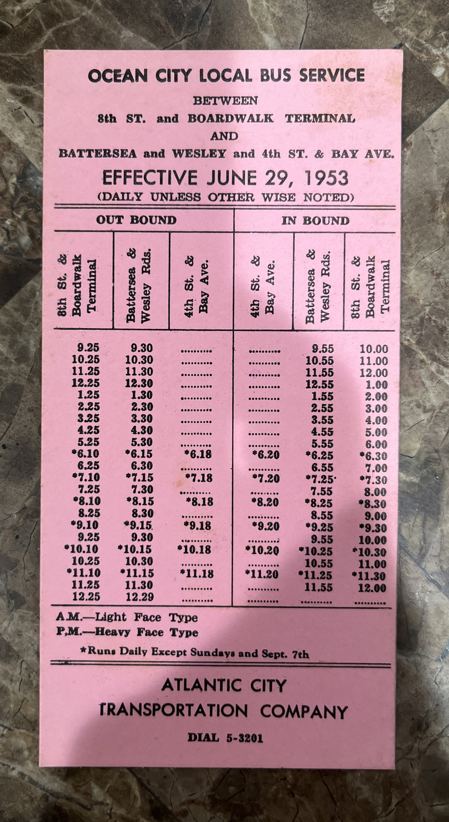 June 29, 1953 Atlantic City Transportation Company Ocean City Bus Schedule