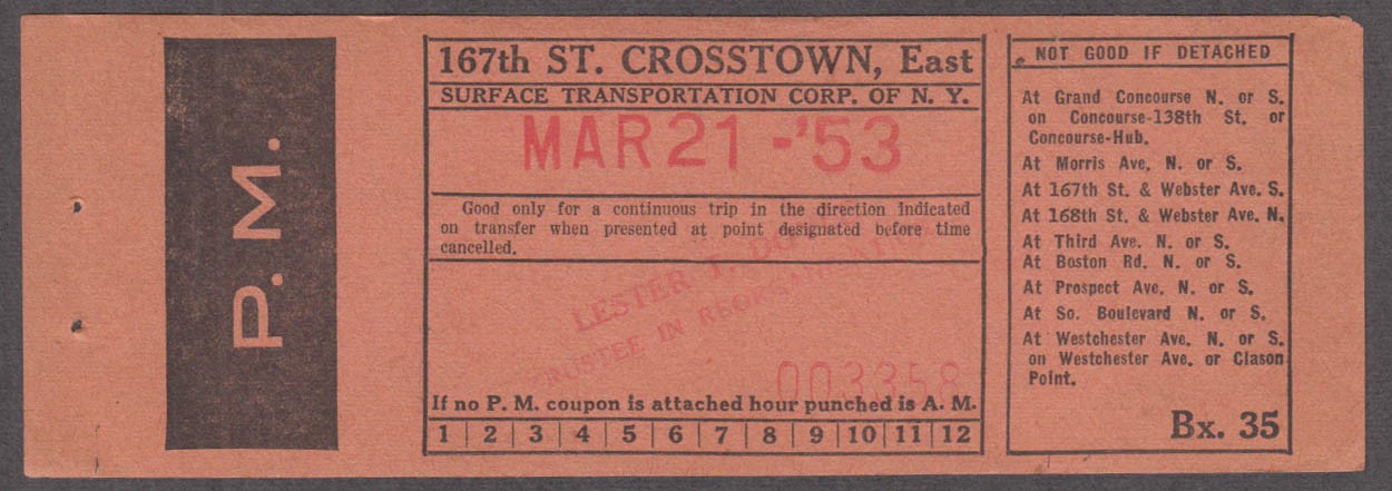 Surface Transportation Corp of NY 167th St Crosstown E bus transfer 3/21 1953