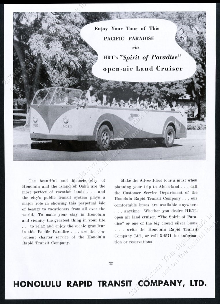 1953 Honolulu Rapid Transit open-top city bus photo vintage print ad