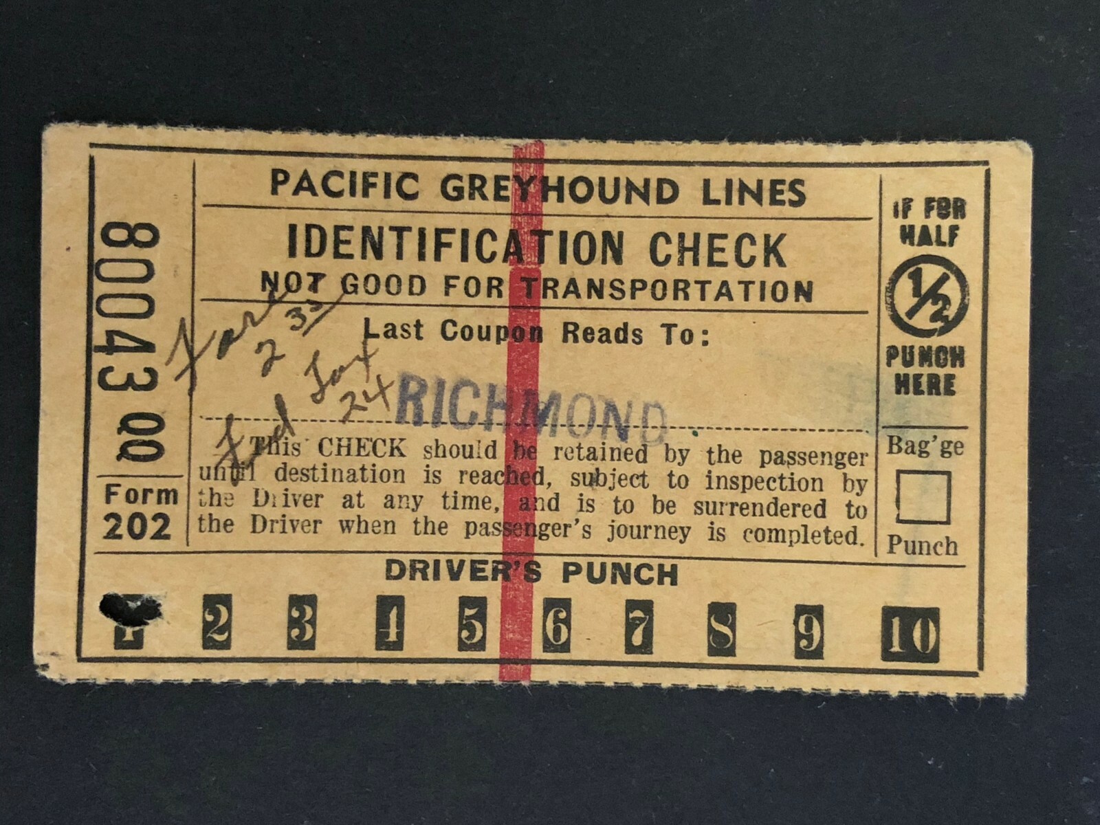 Pacific Greyhound Bus Lines I.D. Check / Ticket “Richmond” 80043 c1945-1955