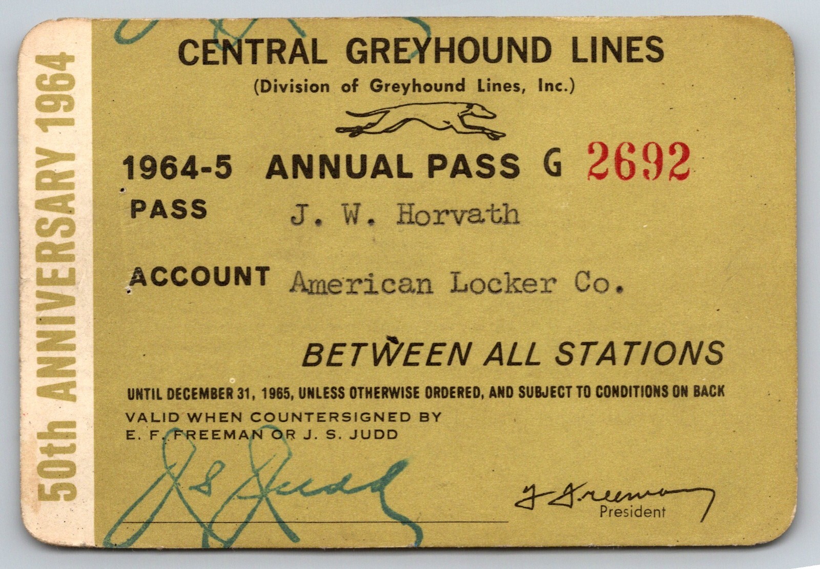 Central Greyhound Lines 1964-65 50th Anniversary Annual / Yearly Bus Pass #7213