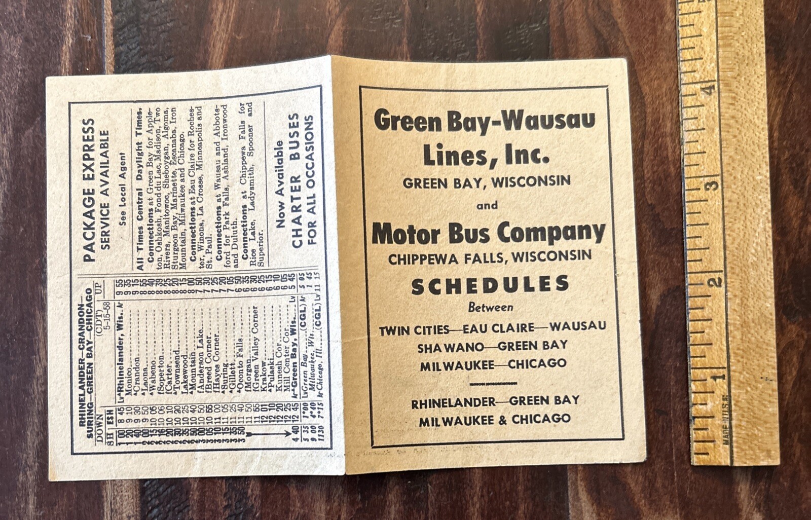 Rare 1958 Green Bay-Wausau Lines/Motor Bus Co Chippewa Falls Wisconsin Schedule