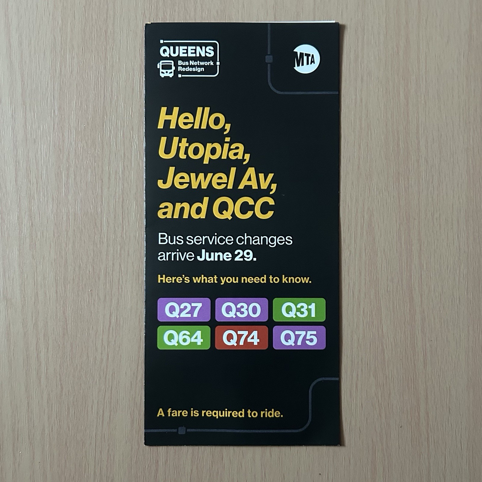 MTA Queens Network Redesign Flyer – “Hello, Utopia, Jewel Av, and QCC”