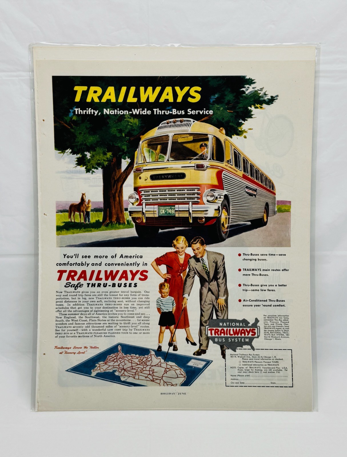 Vintage Magazine Print Ad Trailways Buses 1949 Nation-Wide Thru-Bus Service VG