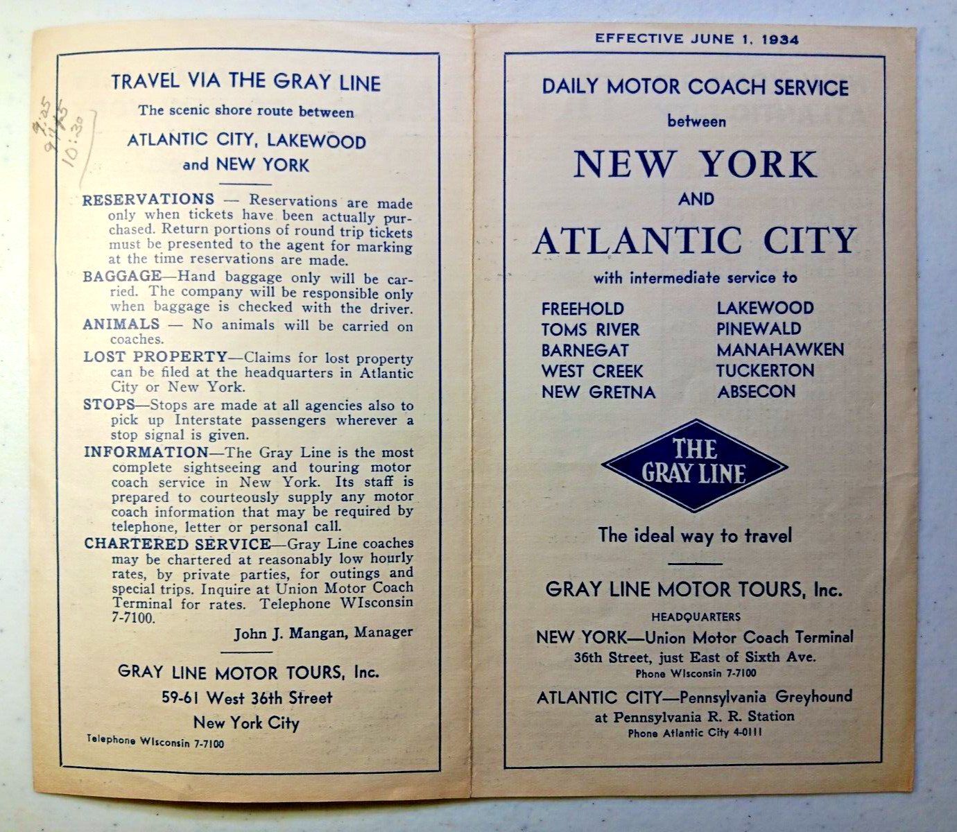 Vintage 1934 Gray Line Motor Tours Timetable, New York City to Atlantic City