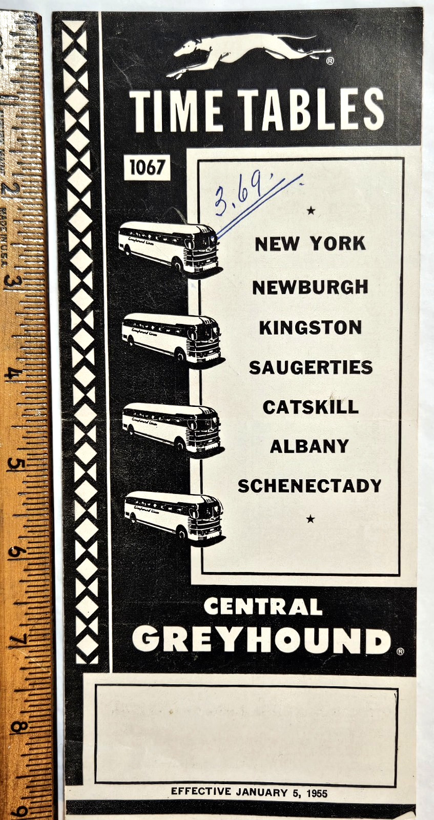 1955 Central Greyhound Time Table NY Albany Schenectady Catskill Kingston Bus