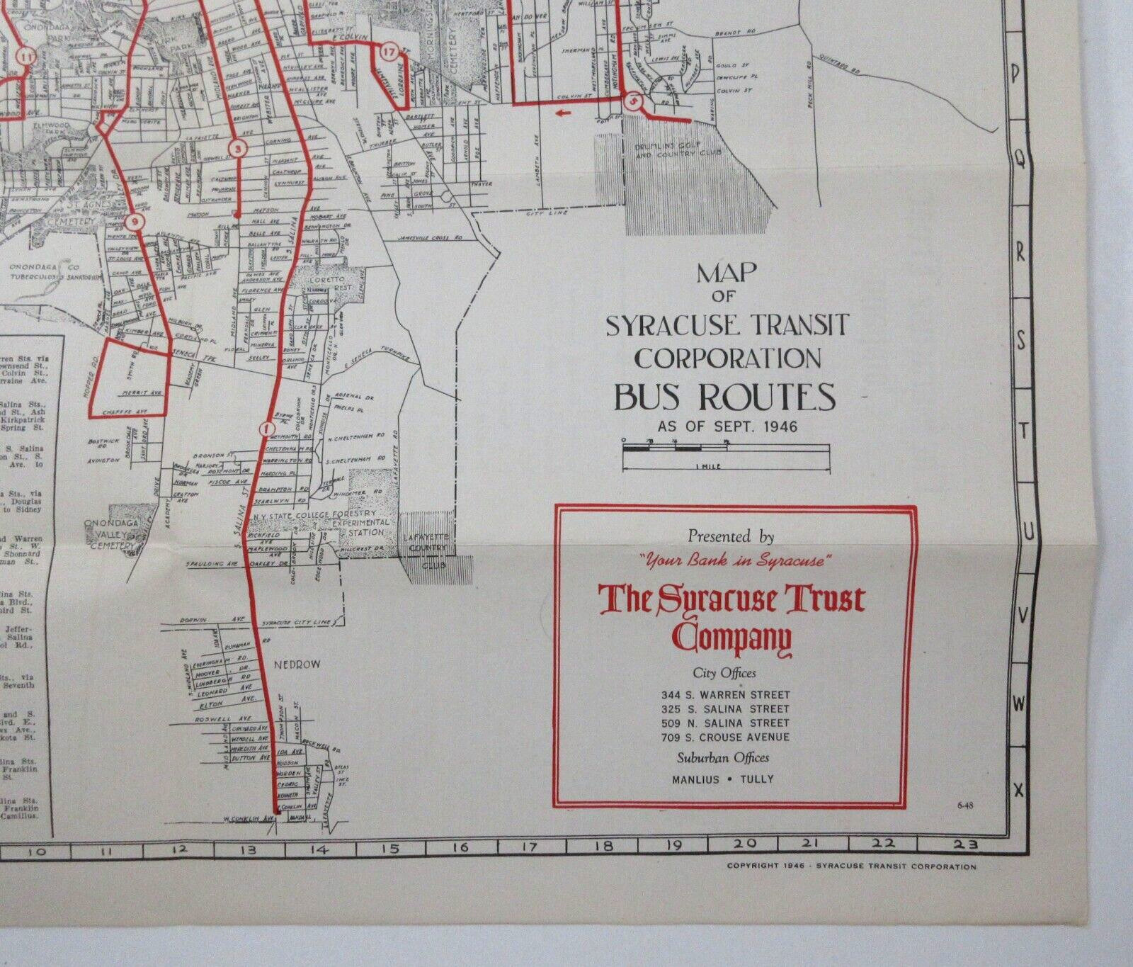 Vintage Syracuse Transit Bus Route Street Map Business Directory New York 1946