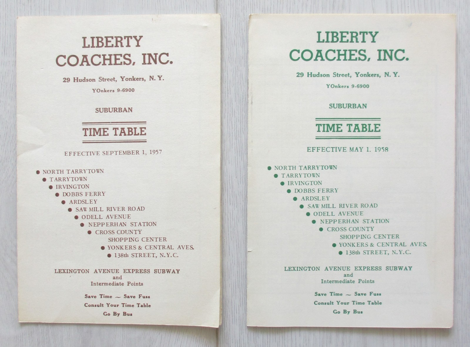 Lot of 2 Vintage 1950s Liberty Coaches Bus Timetables The Bronx Tarrytown NY