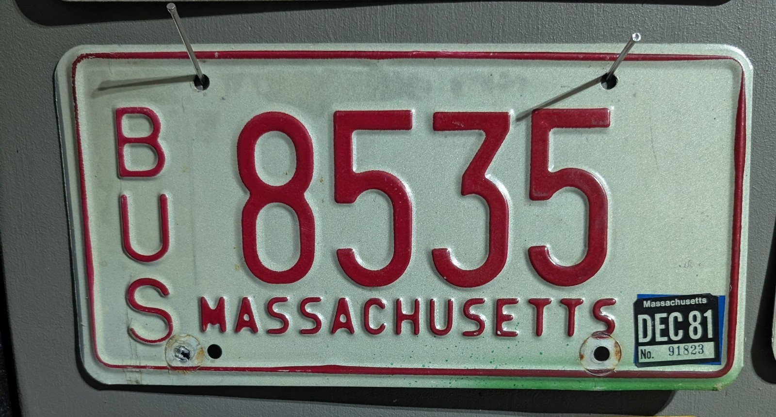 Bus Plate Massachusetts White Raised Red Letters