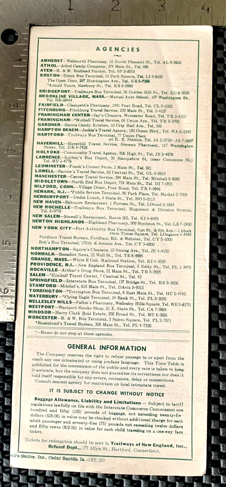 TRAILWAYS OF NEW ENGLAND INC BUS TIME TABLE OCTOBER 27, 1957 HARTFORD BROCHURE