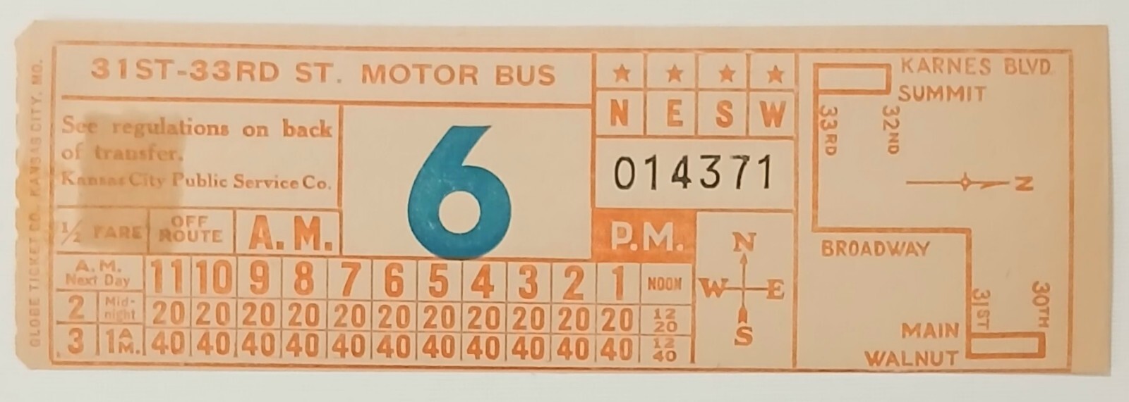 1930s Kansas City Public Service Co. Bus Ticket 31st 33rd St. Transfer Run 6
