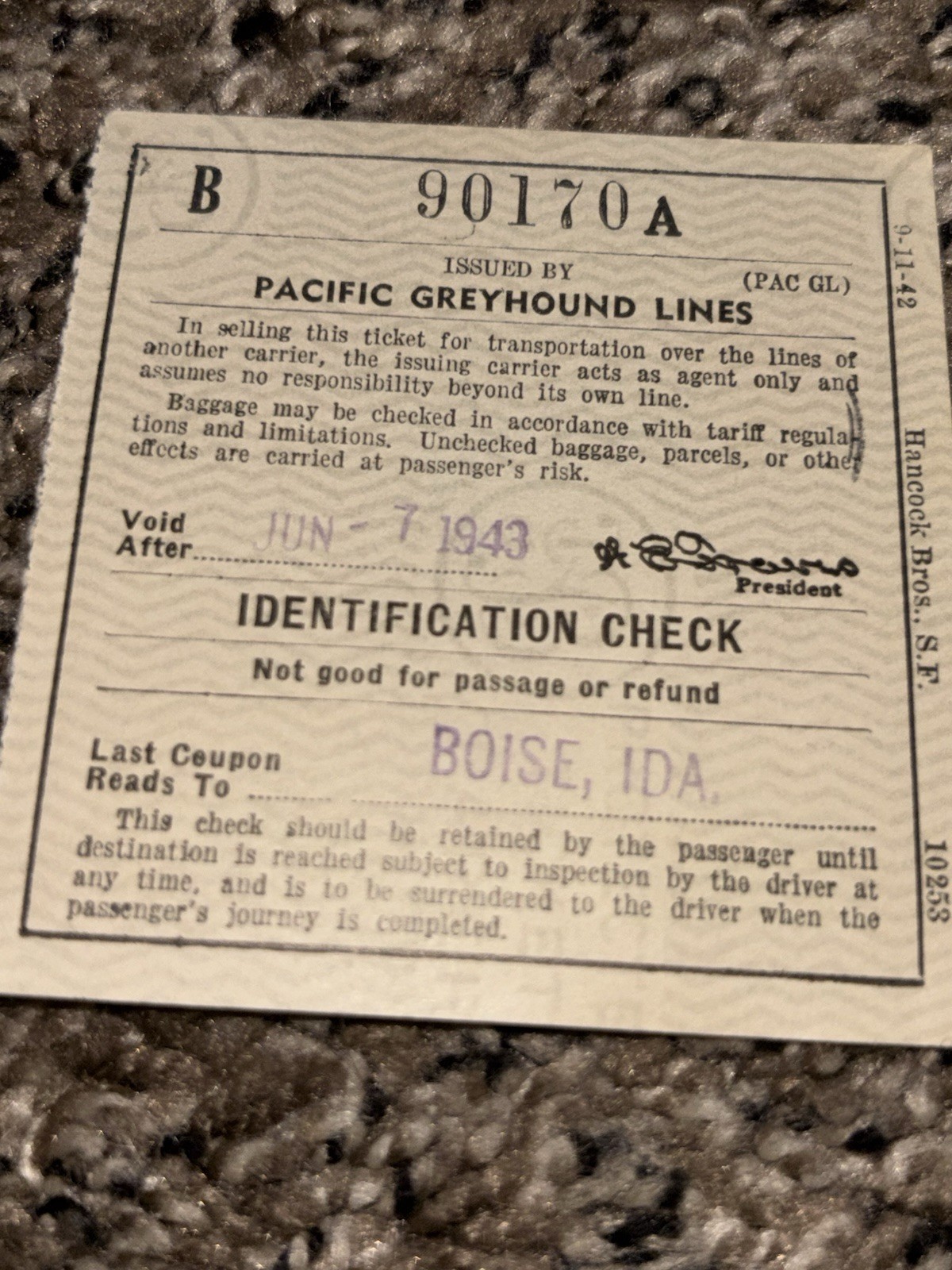 Vintage 1943 Pacific Greyhound Lines Bus Ticket Transportation WW2 Boise Idaho
