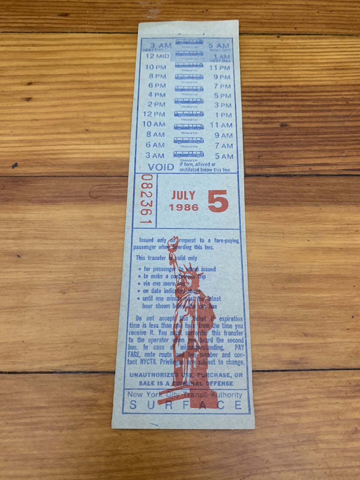 NYC NY BUS TRANSFER 1986 SPECIAL INDEPENDENCE DAY CELEBRATION STATUE OF LIBERTY
