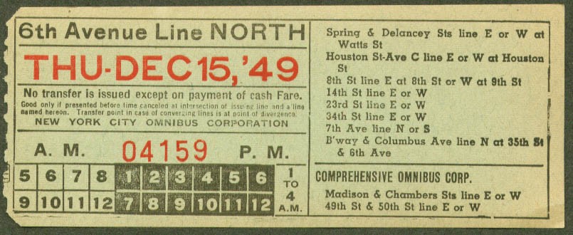 Comprehensive Omnibus NYC 6th Av N transfer 1949