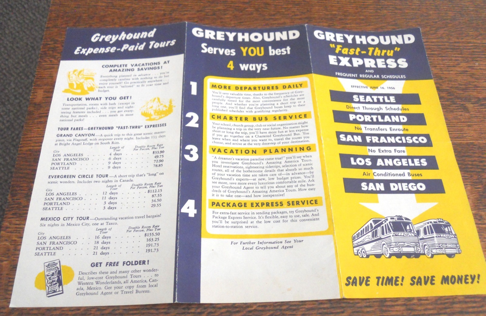 1956 GREYHOUND BUS “FAST THRU” EXPRESS BUS SCHEDULE + MATCHBOOK COVER