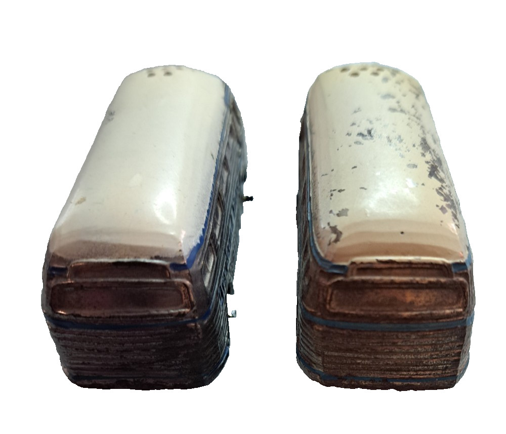 Greyhound Lines Bus Advertising Salt & Pepper Shakers Metal Die-Cast Japan