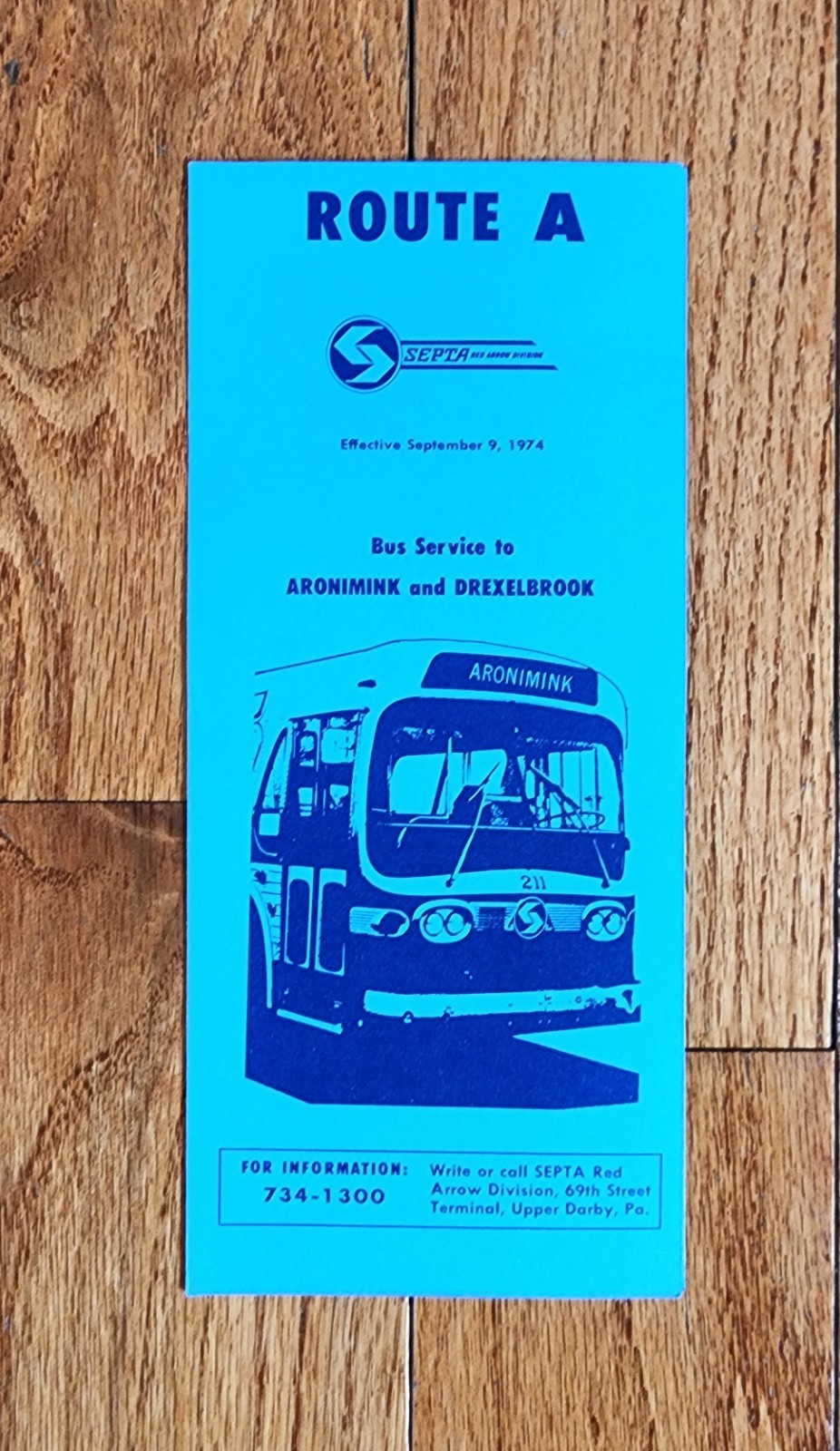 1974 SEPTA BUS TIME TABLE ROUTE A PHILADELPHIA PA