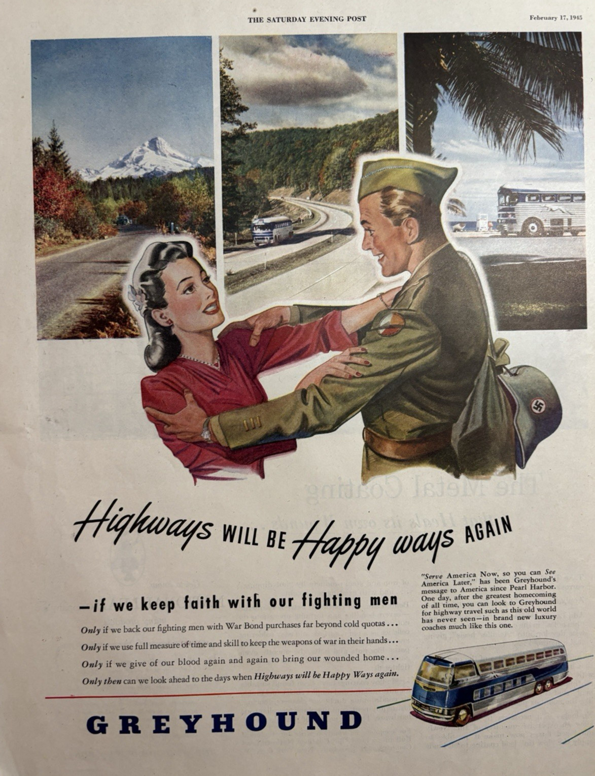 1945 Greyhound Bus Travel Highways Soldier WWII Era Fighting Men VTG Print Ad