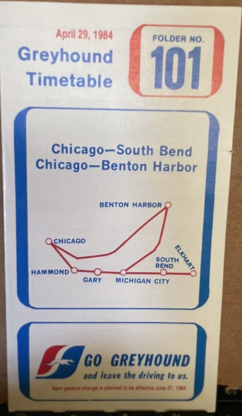Greyhound Bus Time Table Folder 101 Vintage Chicago Benton Harbor IL 1984