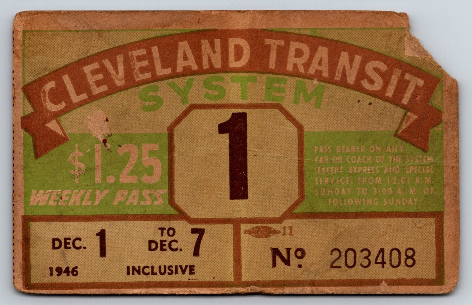 Cleveland Transit System 1946 Weekly Pass Vintage Ticket (#38)