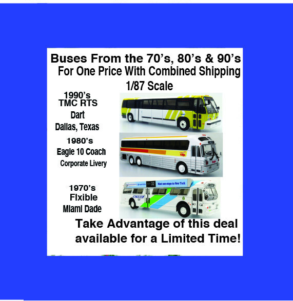 Lot Of 3 Iconic Replica Buses 1/87 Scale-RTS Dart, Eagle 10 Corp,Flxible Miami