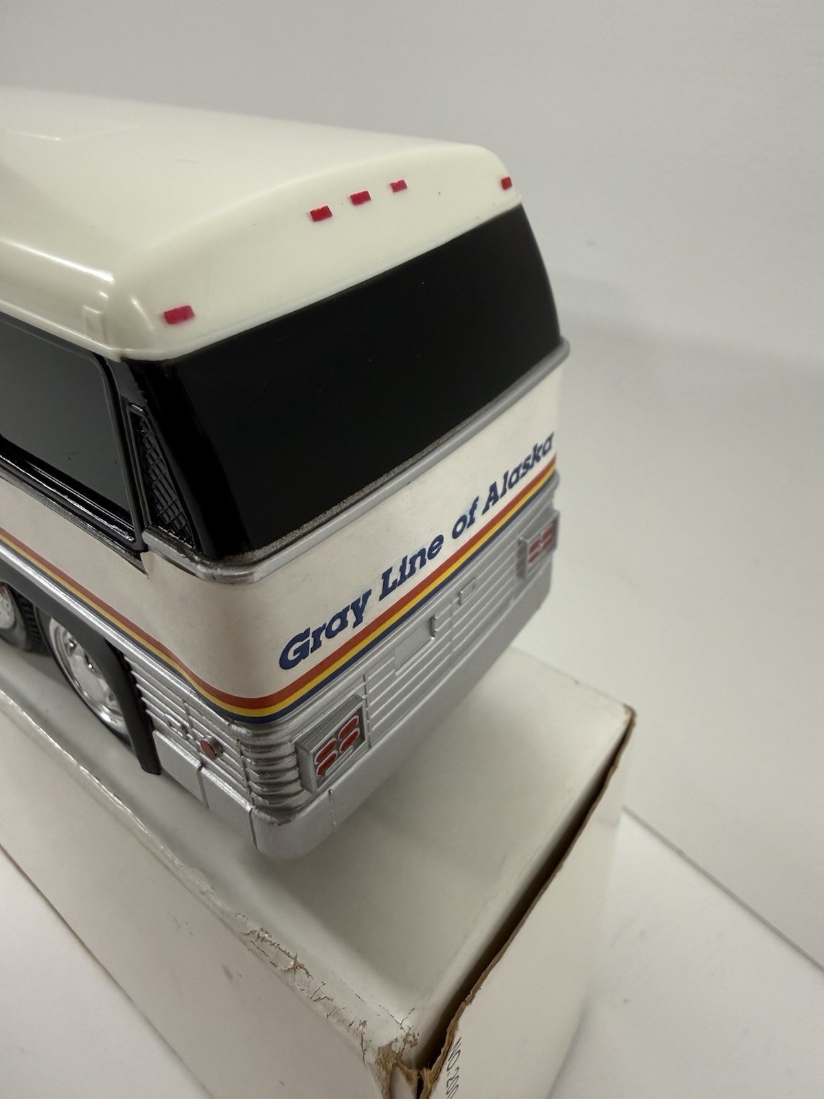 Gray Line Of Alaska Vintage Tour Bus 10″ long plastic coin bank W/ Box