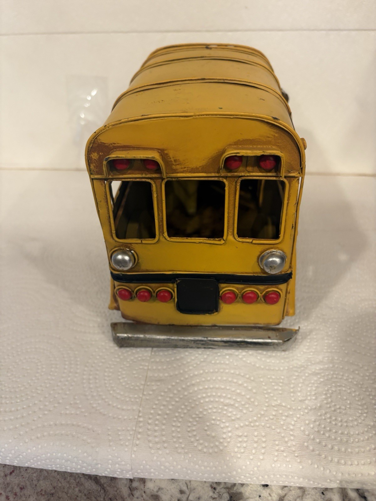 Vntg Yellow Metal School Bus Model Rustic Decor Worn Finish Rusty & Dirty 10 x 6