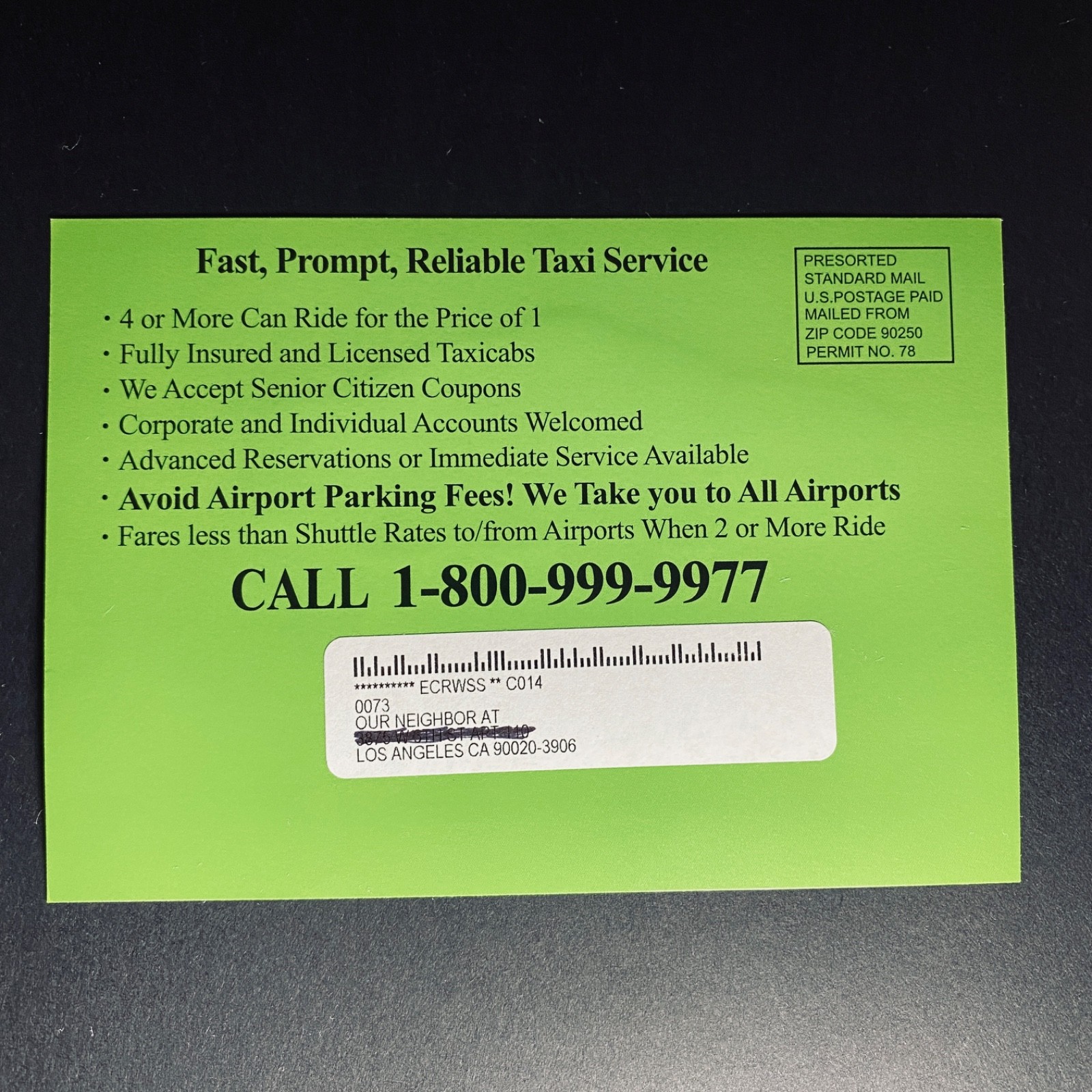 Print Ad Mailer 2025 Taxi Service Promo Car Magnet Los Angeles Travel Collectors