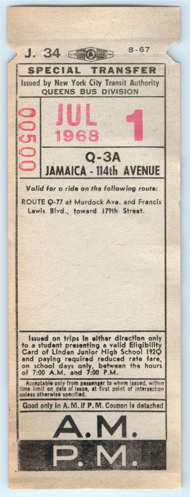 Bus Ticket NYCTA Queens Q-3A Jamaica – 114th Avenue Jul 1 1968 J-34 New York