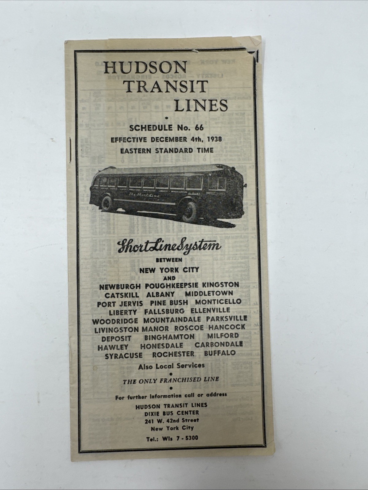 1938 Hudson Transit Lines Schedule No. 66 Short Line System Vintage Travel