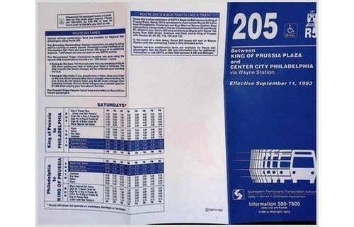 SEPTA Route 205 Bus Timetable – King of Prussia PA – 1993 Rapid Transit
