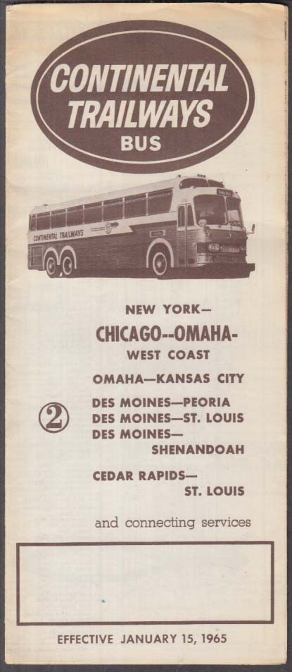 Continental Trailways Bus Schedule #2 Chicago-Omaha-Des Moines-St Louis 1 1965