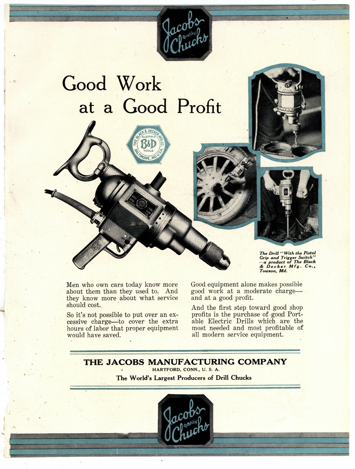 1925 Jacobs Chucks 1 pg. 2 Sided Ad on Card Stock: Fageol Wanamaker Special Bus