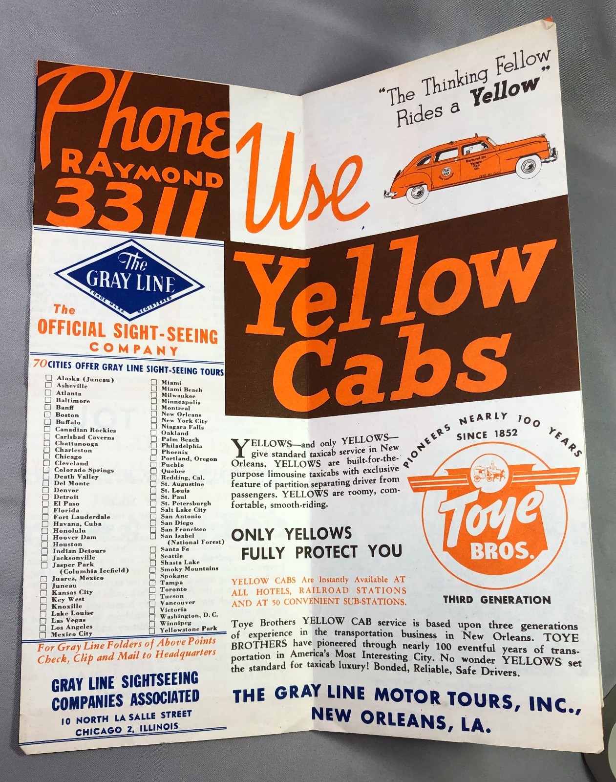 1940s GRAY LINE BUS Tours NEW ORLEANS Brochure VINTAGE Original YELLOW CABS Taxi