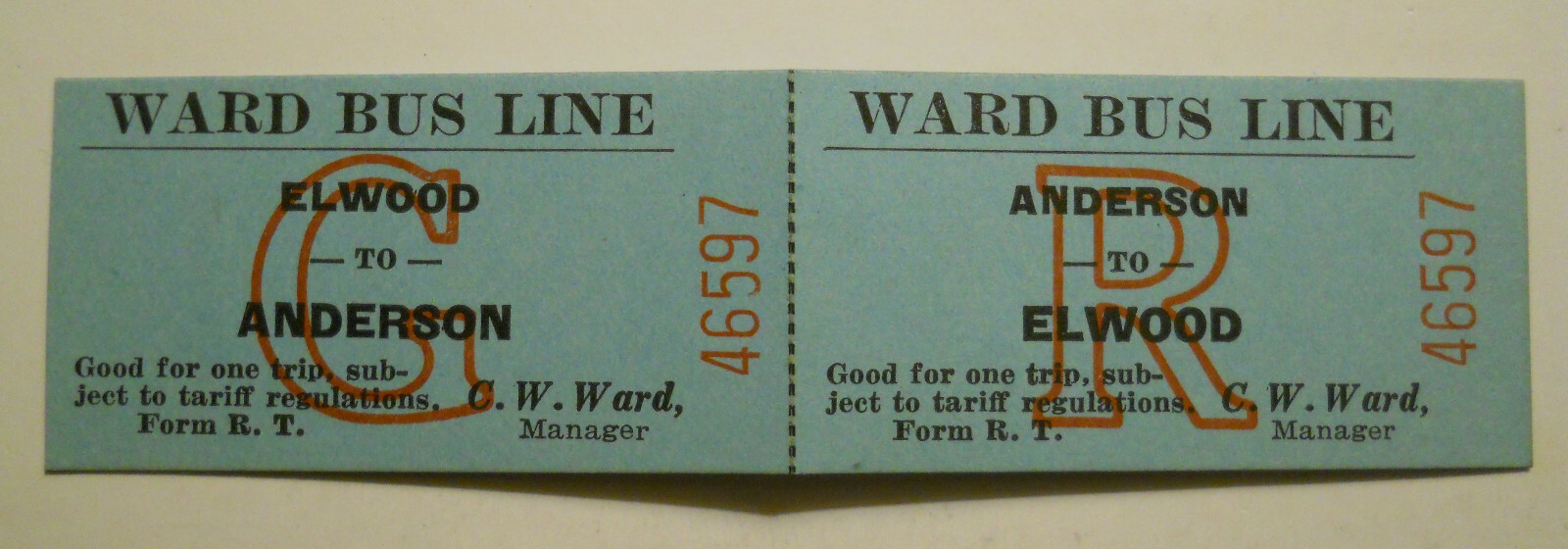 Unused Ward Bus Line (Elwood, Indiana) Elwood- Anderson Round-Trip Ticket