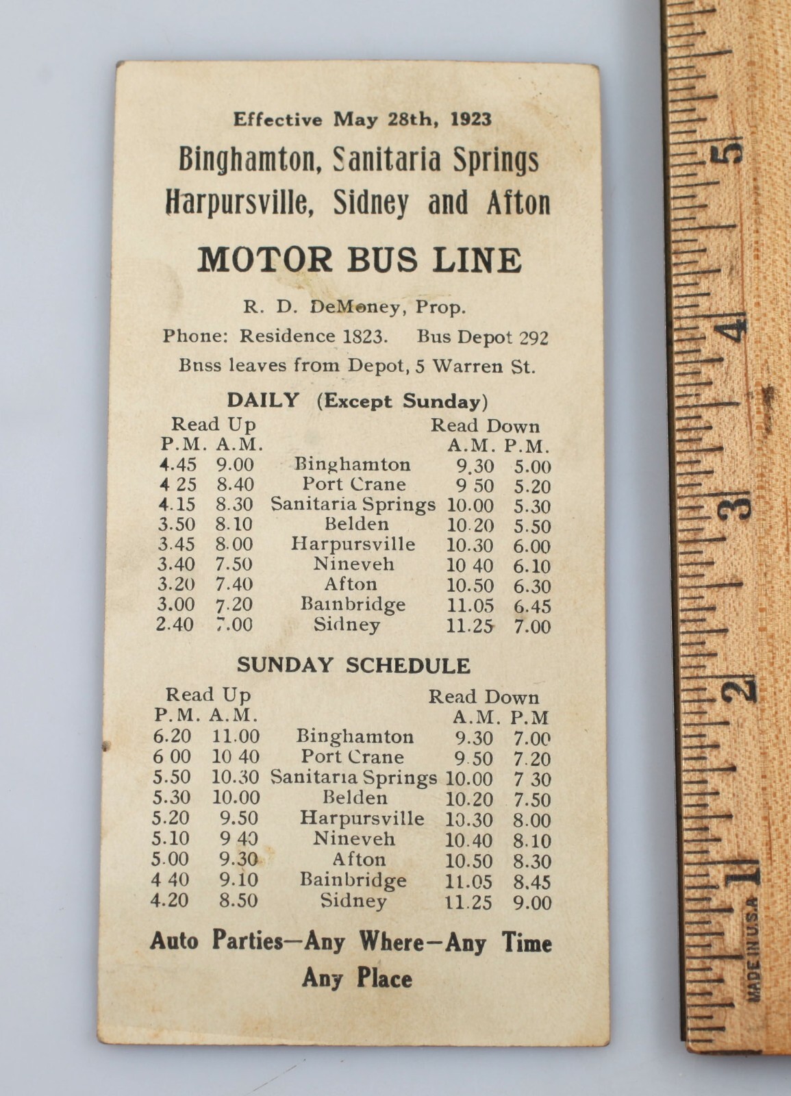 Vintage 1923 Motor Bus Line Timetable Binghamton Sanitaria Springs Sidney Alton
