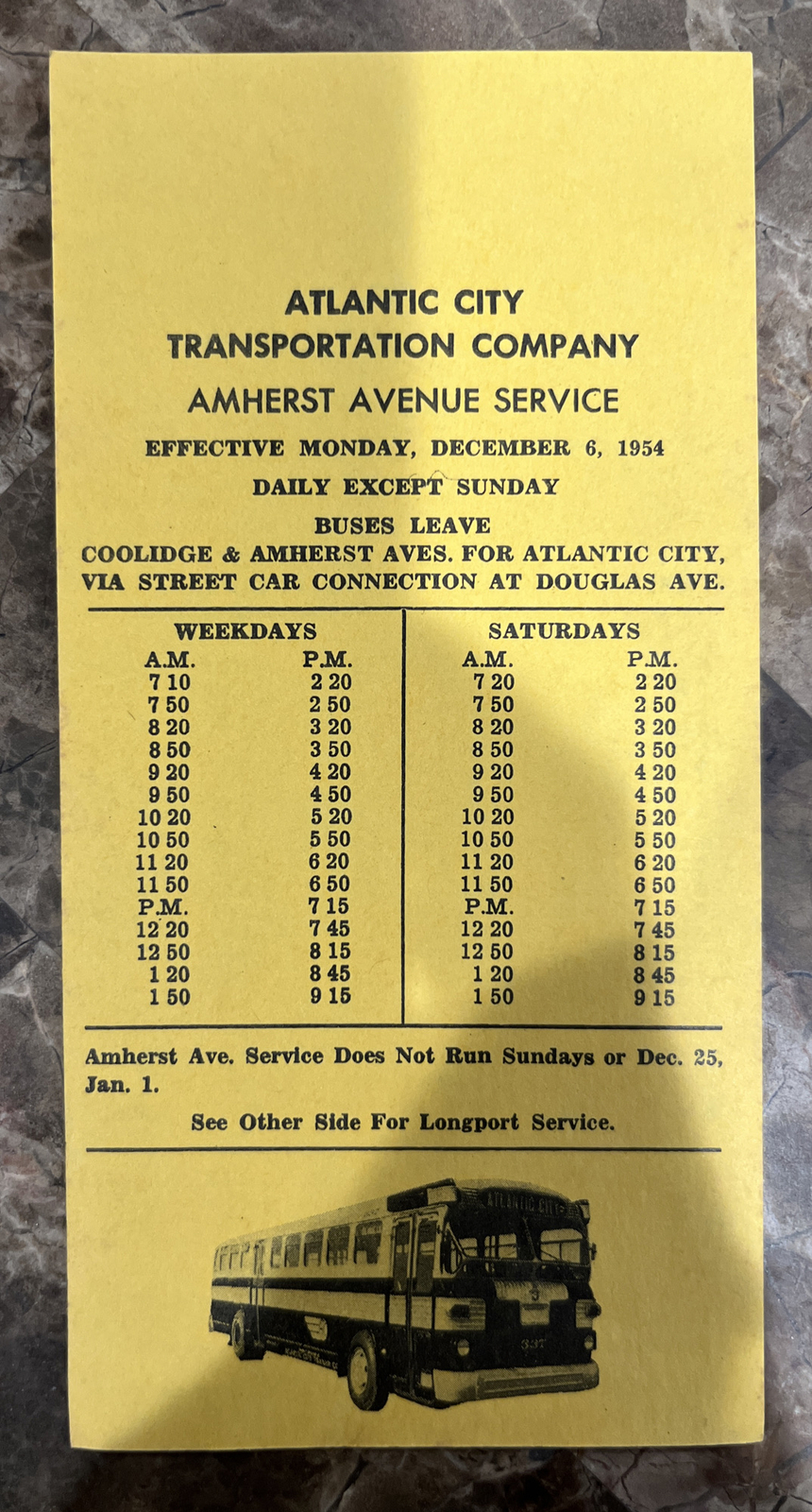 December 6, 1954 Atlantic City Transportation Company Amherst Ave Bus Schedule